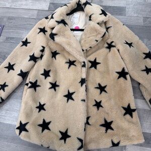 Le Lis Beige Faux Fur Coat with Black Star Print
